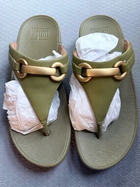 Fitflop Olive Green Thong Sandals with Gold Hardware